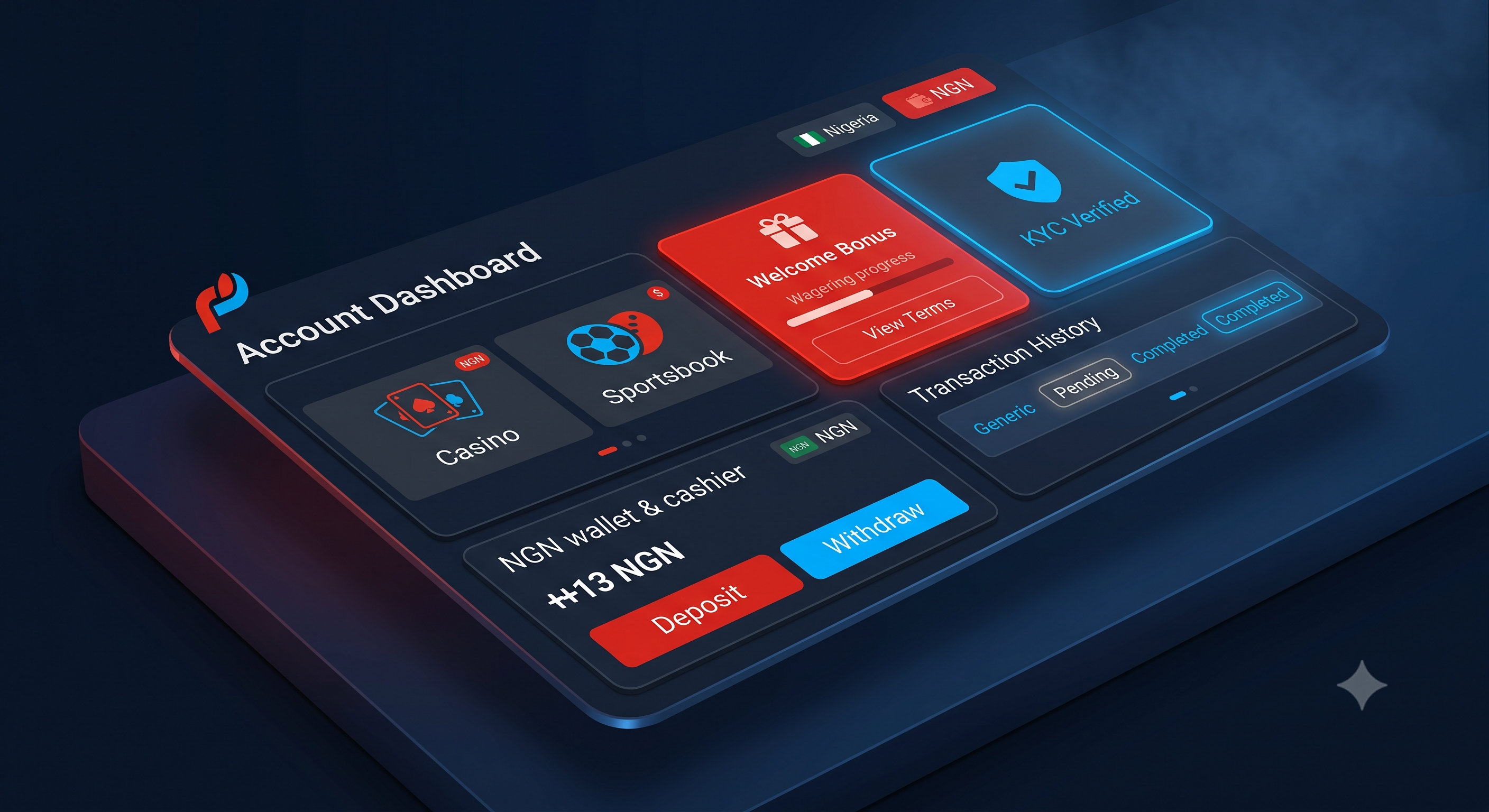 Account dashboard with bonuses and cashier illustration